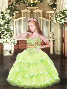 Organza Spaghetti Straps Sleeveless Lace Up Appliques Kids Formal Wear in Yellow Green