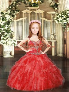Red Lace Up Kids Formal Wear Beading and Ruffles Sleeveless Floor Length