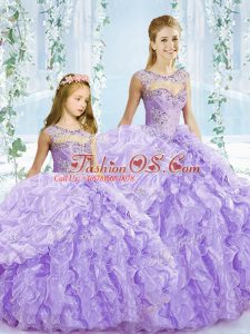 Floor Length Lavender Quinceanera Gowns Scoop Sleeveless Lace Up