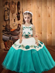High End Aqua Blue Straps Neckline Embroidery Little Girls Pageant Dress Wholesale Sleeveless Lace Up