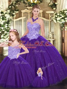 Sleeveless Floor Length Beading Lace Up Sweet 16 Dress with Purple