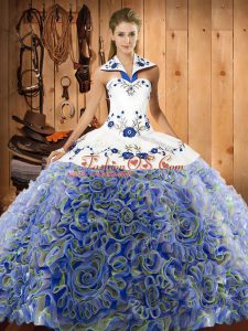Latest Multi-color Fabric With Rolling Flowers Lace Up Quinceanera Dresses Sleeveless Sweep Train Embroidery