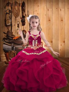 Organza Straps Sleeveless Lace Up Embroidery and Ruffles Little Girls Pageant Dress in Fuchsia