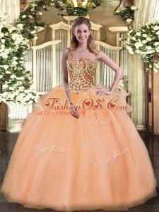 Extravagant Peach Sweetheart Lace Up Beading and Ruffles Quinceanera Dress Sleeveless