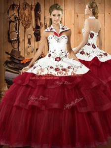 Organza Halter Top Sleeveless Sweep Train Lace Up Embroidery and Ruffled Layers Quinceanera Dresses in Wine Red