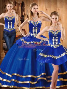 Custom Made Blue Ball Gowns Satin and Tulle Sweetheart Sleeveless Embroidery Floor Length Lace Up Sweet 16 Dresses
