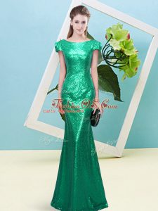 Low Price Floor Length Turquoise Sequined Cap Sleeves Sequins