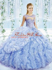Sexy Blue Lace Up Sweetheart Beading and Ruffles and Pick Ups Sweet 16 Quinceanera Dress Organza Sleeveless Brush Train