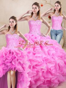 Exquisite Sleeveless Floor Length Beading and Ruffles Lace Up Sweet 16 Dresses with Rose Pink