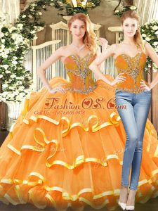 Orange Red Ball Gowns Organza Sweetheart Sleeveless Beading and Ruffled Layers Floor Length Lace Up Sweet 16 Dress
