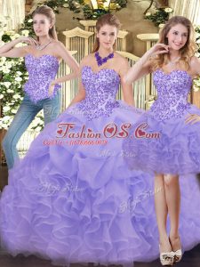 Sleeveless Floor Length Appliques and Ruffles Zipper Ball Gown Prom Dress with Lavender