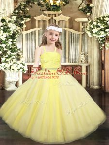 Latest Floor Length Yellow Little Girl Pageant Gowns Straps Sleeveless Zipper