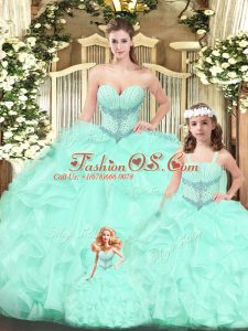 Perfect Aqua Blue Ball Gowns Tulle Sweetheart Sleeveless Beading and Ruffles Floor Length Lace Up Quinceanera Dress
