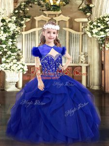 Cheap Royal Blue Ball Gowns Tulle Straps Sleeveless Beading and Ruffles Floor Length Lace Up Pageant Dress