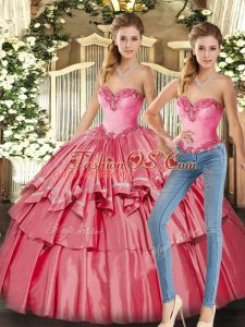 Fine Watermelon Red Two Pieces Beading and Ruffled Layers 15th Birthday Dress Lace Up Organza Sleeveless Floor Length