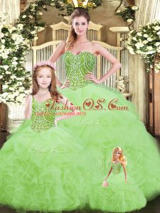 Yellow Green Tulle Lace Up Quince Ball Gowns Sleeveless Floor Length Ruffles