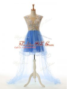 Graceful Baby Blue Tulle Backless Prom Gown Sleeveless High Low Appliques