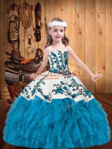 Baby Blue Organza Lace Up Straps Sleeveless Floor Length Pageant Gowns For Girls Embroidery and Ruffles