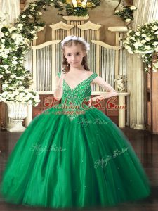 Admirable Green V-neck Lace Up Beading Little Girls Pageant Gowns Sleeveless