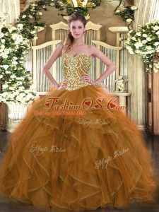 Custom Design Brown Sweetheart Neckline Beading Quince Ball Gowns Sleeveless Lace Up