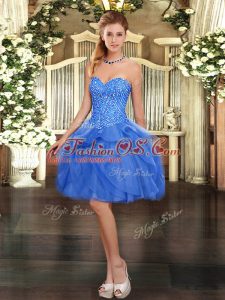 Sleeveless Tulle Mini Length Lace Up Prom Evening Gown in Blue with Beading and Ruffles