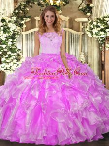 Lilac Organza Clasp Handle Scoop Sleeveless Floor Length 15th Birthday Dress Lace and Ruffles