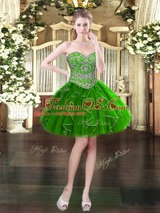 Dark Green Sleeveless Mini Length Beading and Ruffles Lace Up Evening Dress