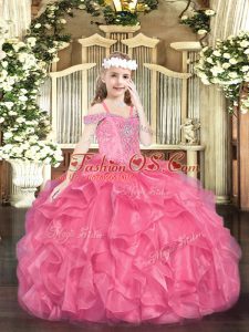 Amazing Hot Pink Sleeveless Organza Lace Up Little Girls Pageant Gowns for Party and Quinceanera