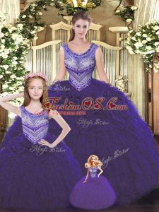 Scoop Sleeveless Quince Ball Gowns Floor Length Beading and Ruffles Dark Purple Tulle