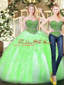 Floor Length Lace Up Quinceanera Gowns Yellow Green for Military Ball and Sweet 16 and Quinceanera with Beading and Ruffles