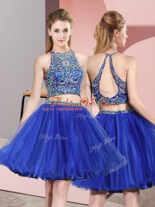 Mini Length Backless Quinceanera Court of Honor Dress Royal Blue for Prom and Party and Wedding Party with Beading