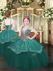 Sleeveless Floor Length Beading and Embroidery Lace Up Kids Formal Wear with Dark Green