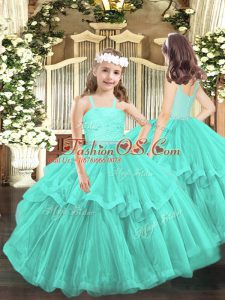Beading and Lace Little Girls Pageant Dress Turquoise Zipper Sleeveless Floor Length