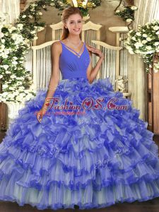 Sleeveless Floor Length Beading and Ruffled Layers Backless 15 Quinceanera Dress with Lavender