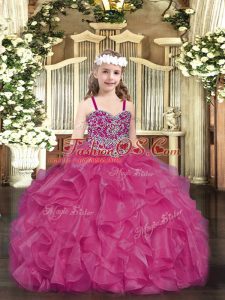 Nice Sleeveless Organza Floor Length Lace Up Little Girl Pageant Dress in Fuchsia with Beading and Ruffles