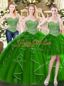 Custom Designed Floor Length Green Ball Gown Prom Dress Organza Sleeveless Beading and Ruffles