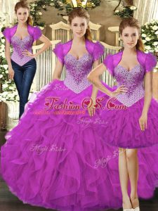 Captivating Fuchsia Ball Gowns Tulle Straps Sleeveless Beading and Ruffles Floor Length Lace Up Quinceanera Dress