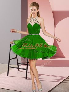 Latest Green Zipper Halter Top Beading Prom Evening Gown Chiffon Sleeveless