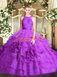 Gorgeous Eggplant Purple Sleeveless Lace Floor Length Quinceanera Gowns