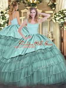 Floor Length Blue Vestidos de Quinceanera Organza Sleeveless Embroidery and Ruffled Layers