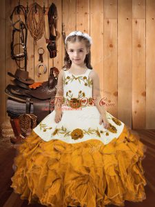 Sleeveless Organza Floor Length Zipper Little Girls Pageant Dress in Gold with Embroidery and Ruffles