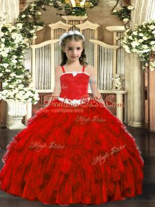 Latest Wine Red Sleeveless Appliques and Ruffles Floor Length Pageant Gowns For Girls