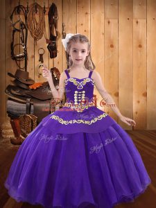 Embroidery Little Girls Pageant Dress Eggplant Purple Lace Up Sleeveless Floor Length