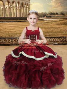 Admirable Organza Straps Sleeveless Lace Up Beading and Ruffles Kids Formal Wear in Wine Red