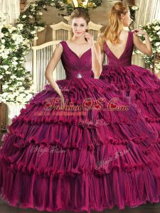 Floor Length Backless Quinceanera Dresses Fuchsia for Sweet 16 and Quinceanera with Beading and Ruffled Layers