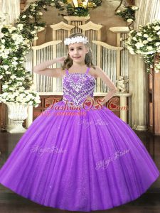 Lavender Ball Gowns Straps Sleeveless Tulle Floor Length Lace Up Beading Kids Pageant Dress