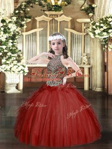 Most Popular Halter Top Sleeveless Tulle Little Girls Pageant Dress Beading and Ruffles Lace Up