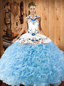 Halter Top Sleeveless Fabric With Rolling Flowers Quinceanera Gowns Embroidery Lace Up