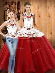 White And Red Lace Up Halter Top Embroidery Quinceanera Dresses Organza Sleeveless