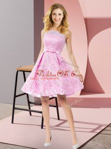 Sleeveless Lace Knee Length Zipper Bridesmaids Dress in Rose Pink with Bowknot